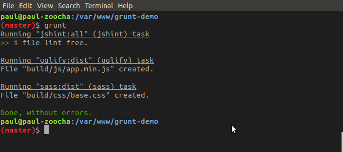 Screenshot of grunt output in a terminal window