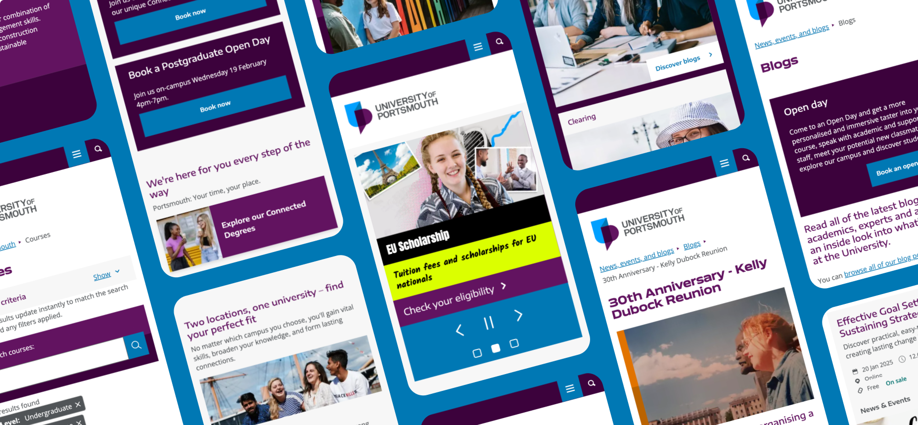 Grid of multiple University of Portsmouth mobile page views